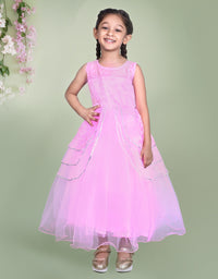 Pink Embroidered Party Dress with Layered Skirt and Floral Detailing
