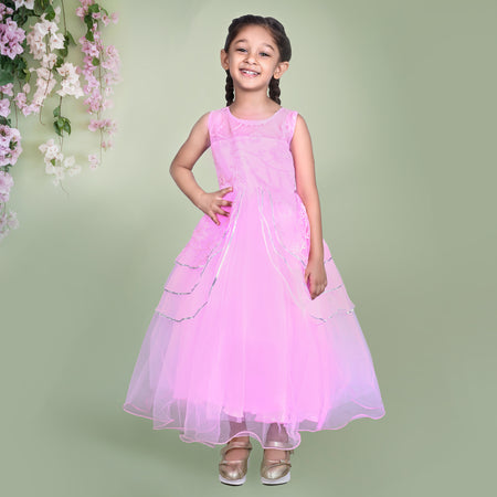 Pink Embroidered Party Dress with Layered Skirt and Floral Detailing