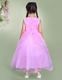 Pink Embroidered Party Dress with Layered Skirt and Floral Detailing

