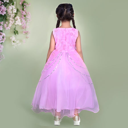 Pink Embroidered Party Dress with Layered Skirt and Floral Detailing