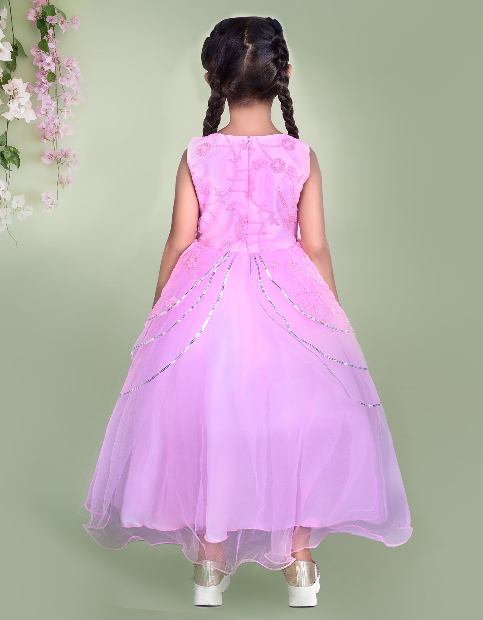 Pink Embroidered Party Dress with Layered Skirt and Floral Detailing