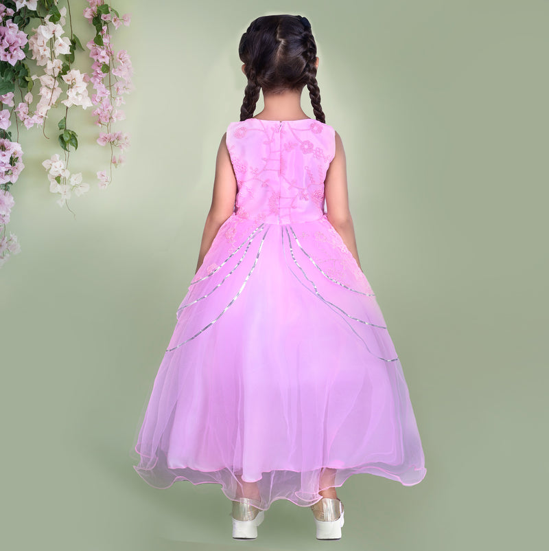 Pink Embroidered Party Dress with Layered Skirt and Floral Detailing