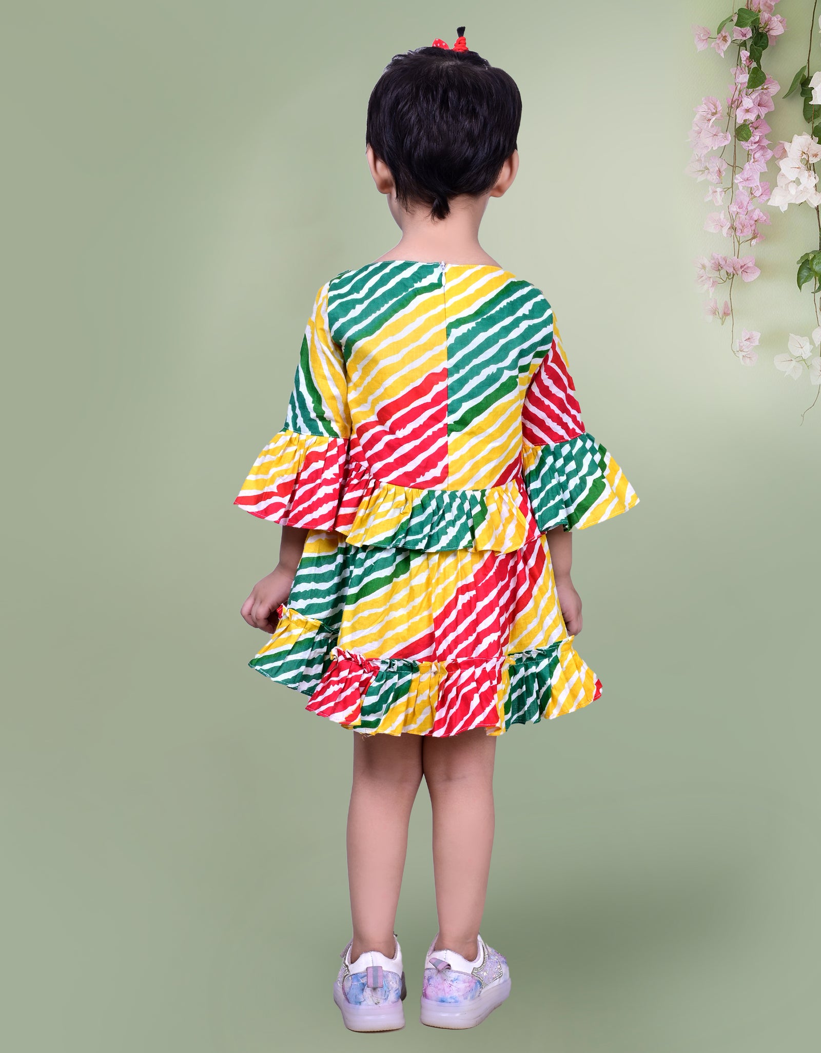 Multicolored Dress with Diagonal Striped Pattern and Ruffled Sleeves