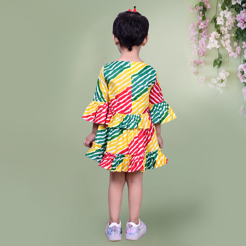 Multicolored Dress with Diagonal Striped Pattern and Ruffled Sleeves