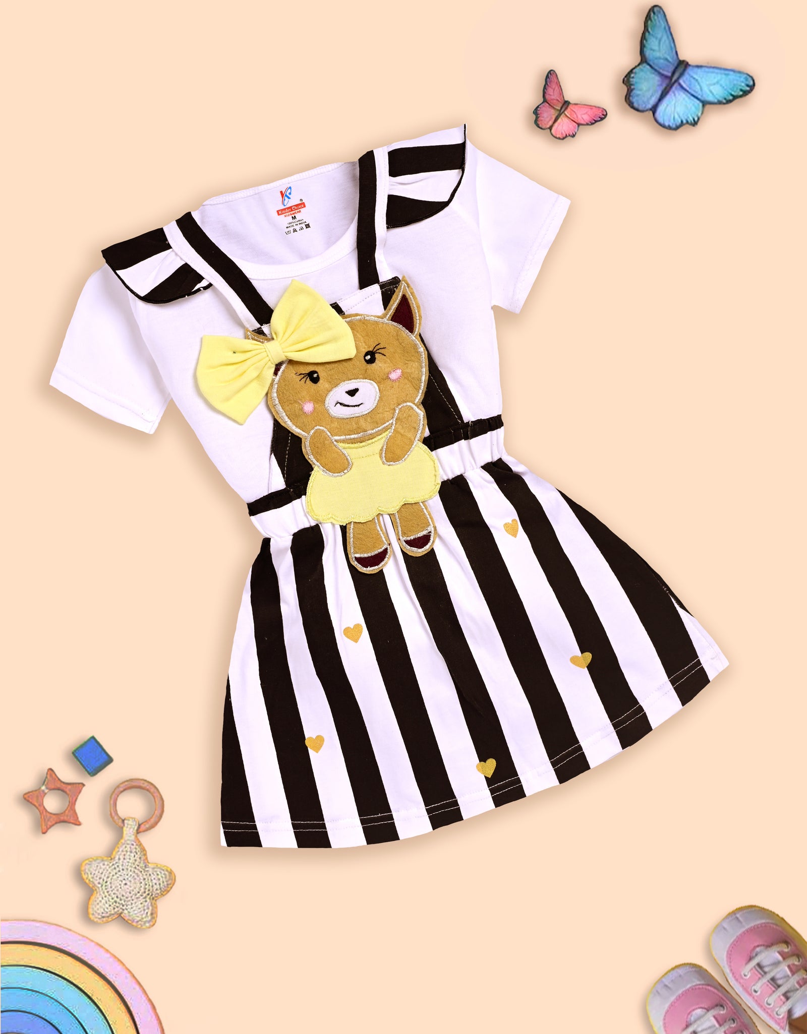 Charming White and Black Striped Dress with Deer Design