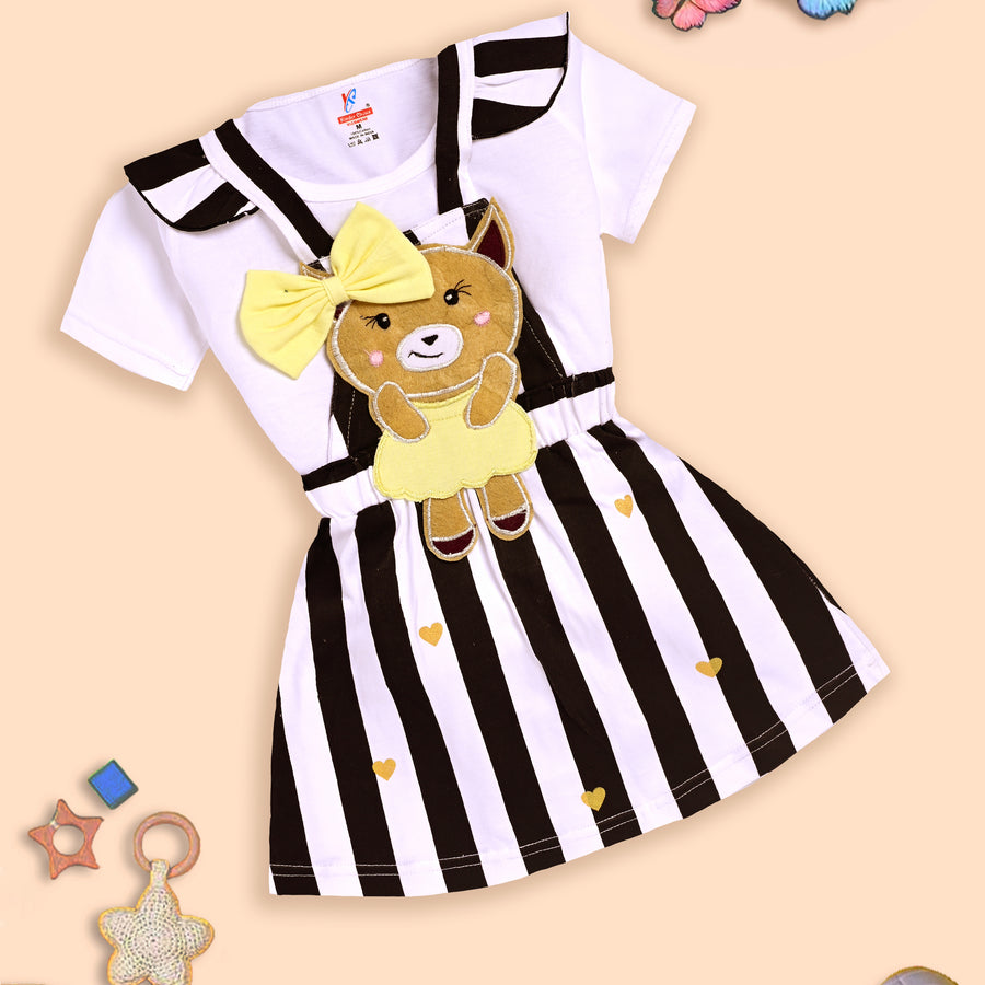 Charming White and Black Striped Dress with Deer Design