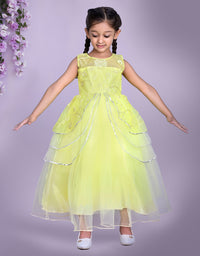 Yellow Embroidered Party Dress with Layered Skirt and Floral Detailing
