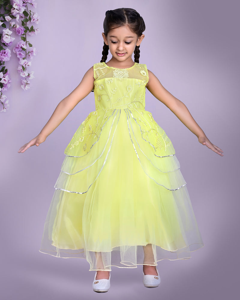 Yellow Embroidered Party Dress with Layered Skirt and Floral Detailing