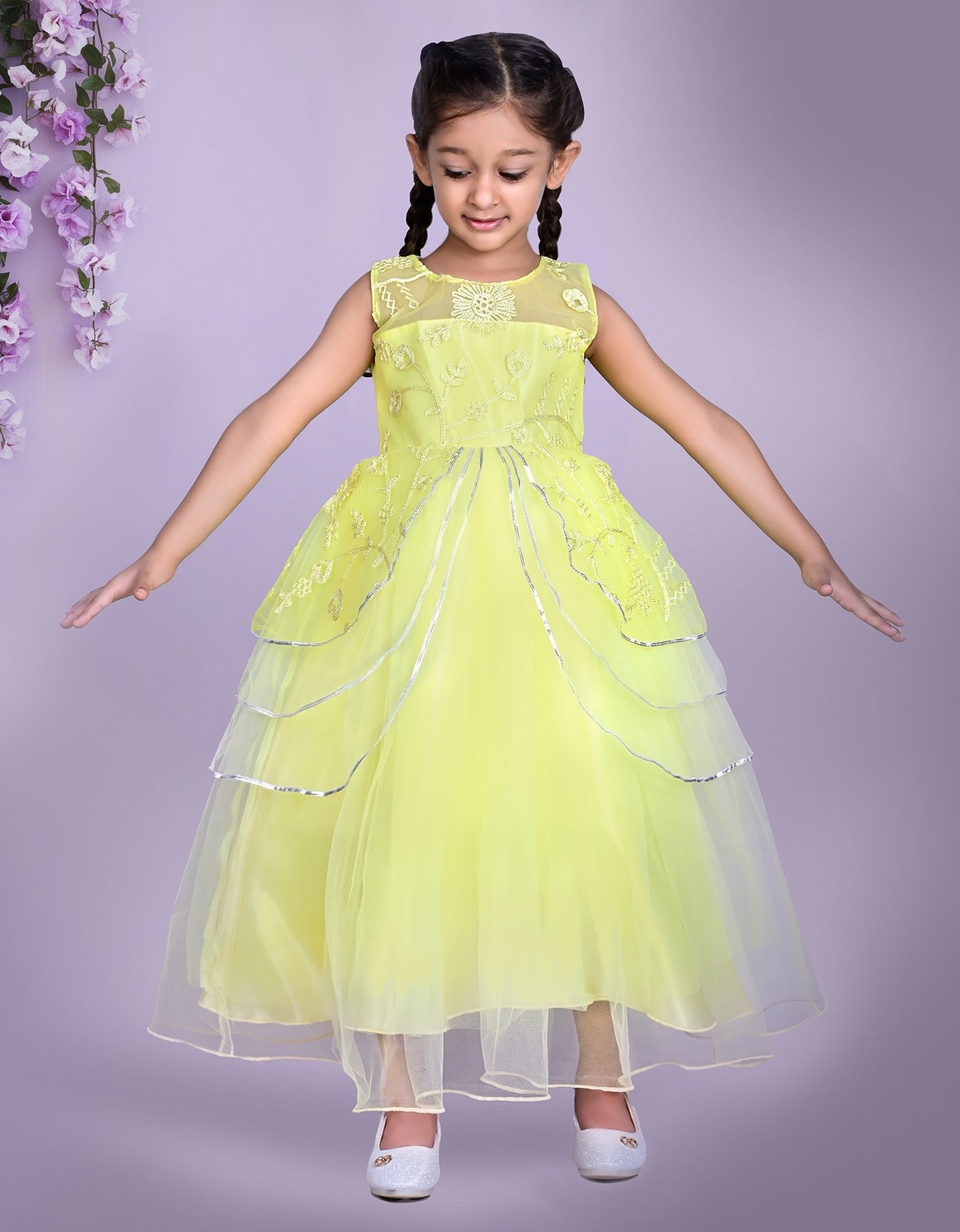 Yellow Embroidered Party Dress with Layered Skirt and Floral Detailing