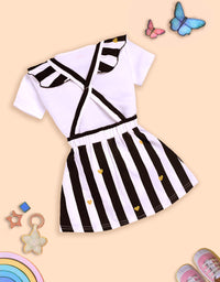 Charming White and Black Striped Dress with Deer Design
