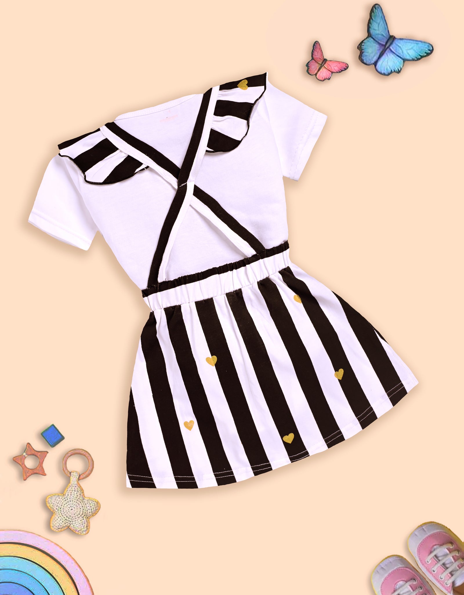 Charming White and Black Striped Dress with Deer Design