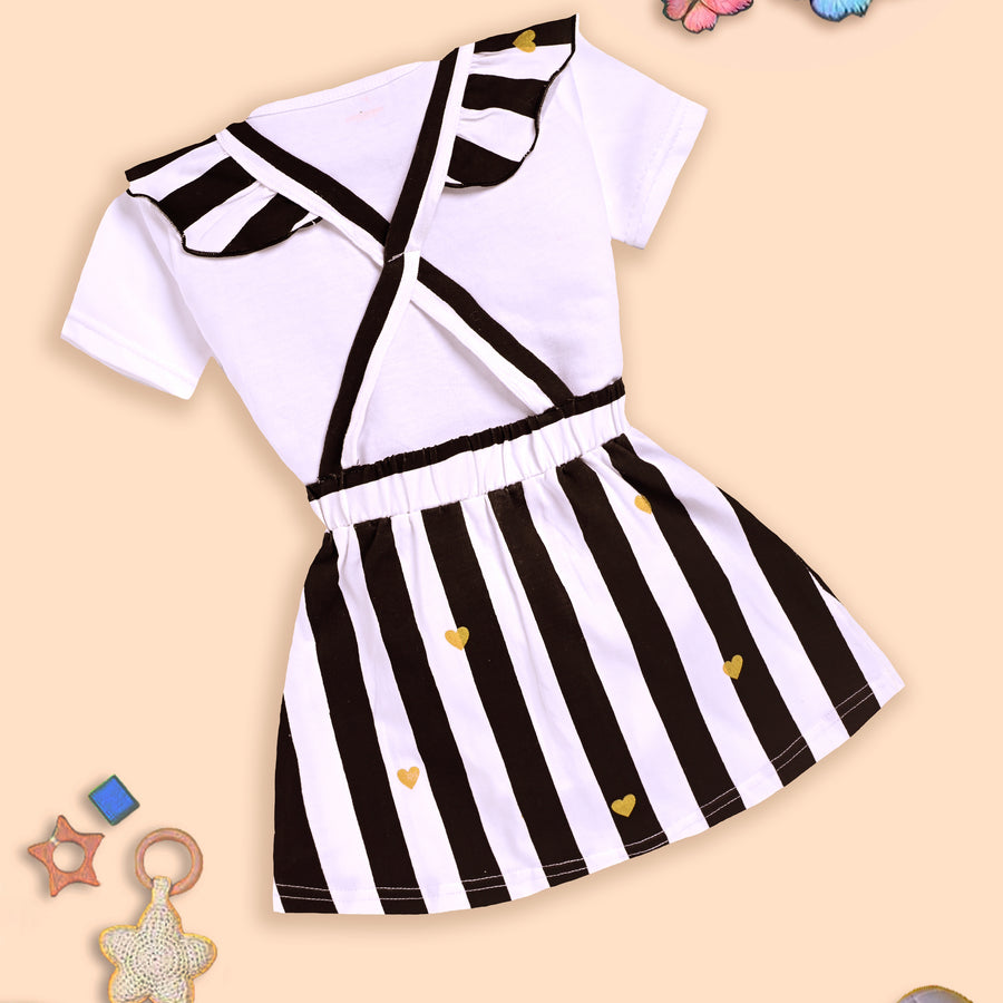 Charming White and Black Striped Dress with Deer Design