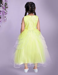 Yellow Embroidered Party Dress with Layered Skirt and Floral Detailing
