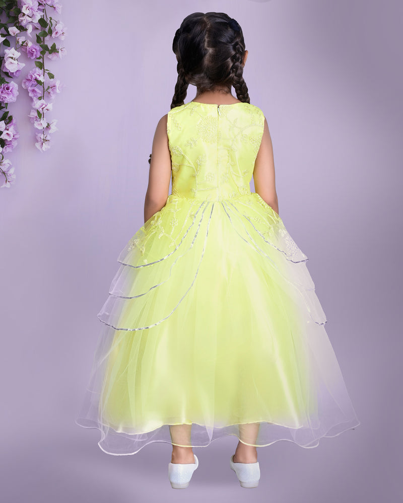 Yellow Embroidered Party Dress with Layered Skirt and Floral Detailing