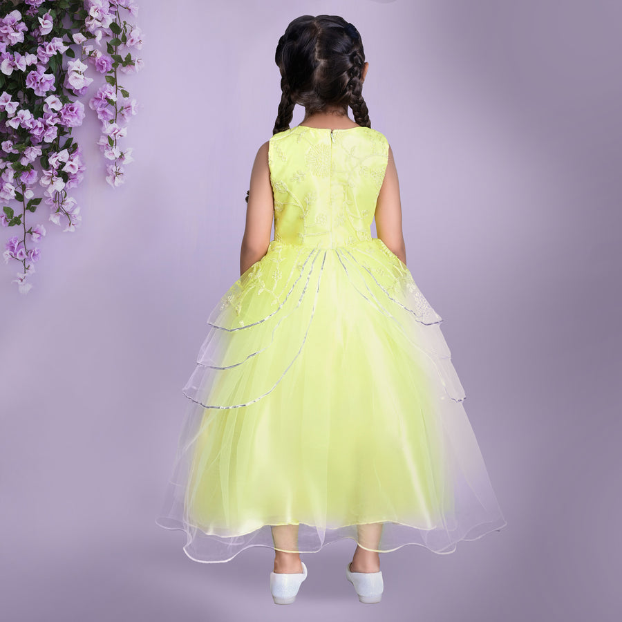 Yellow Embroidered Party Dress with Layered Skirt and Floral Detailing