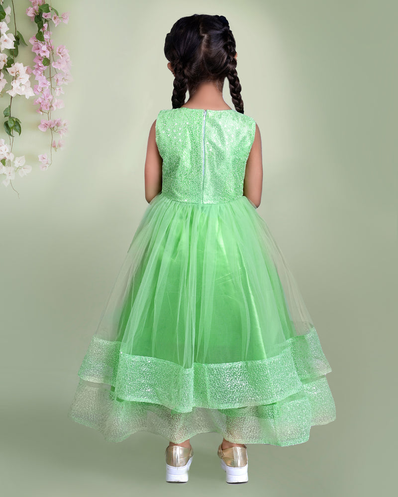 Light Green Sleeveless Sequin Gown with Mesh Layers & Bow Waist Detail - Full-Length
