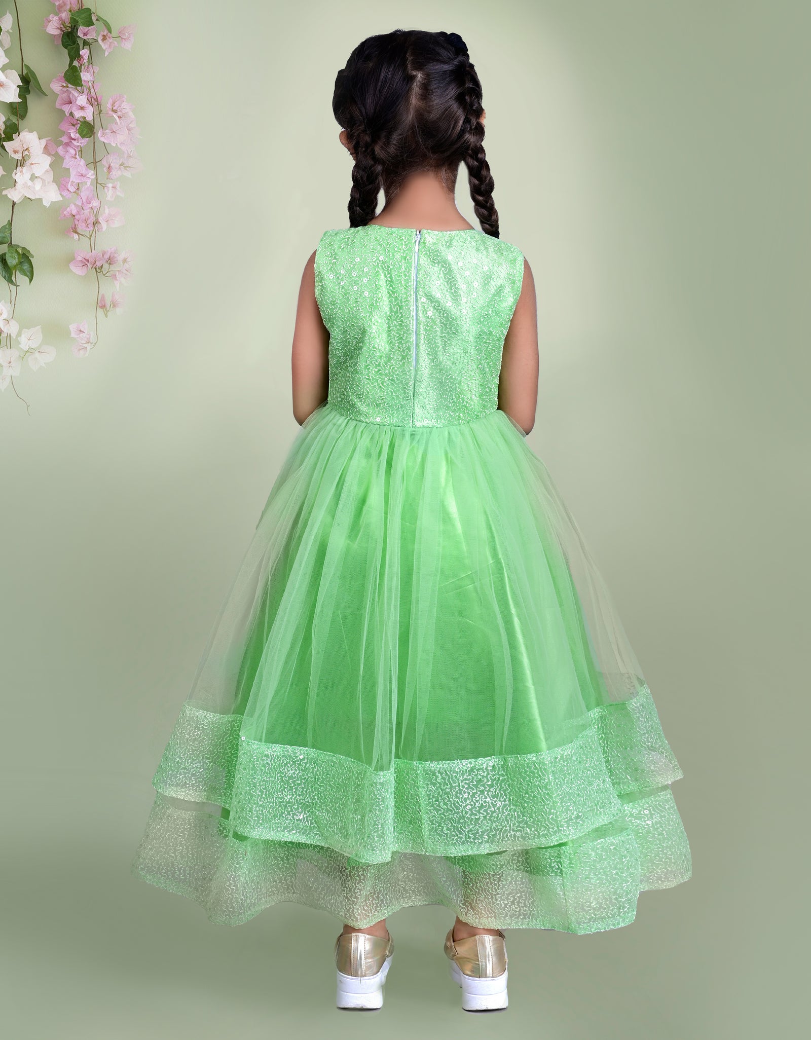 Light Green Sleeveless Sequin Gown with Mesh Layers & Bow Waist Detail - Full-Length