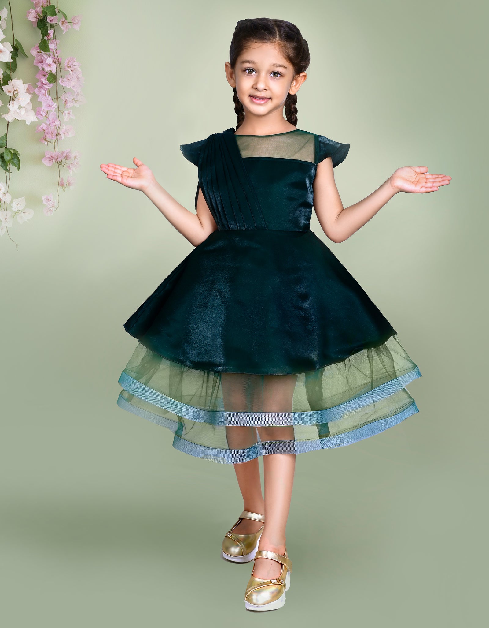 Dark Green Dress with Pleated Bodice and Layered Tulle Hem