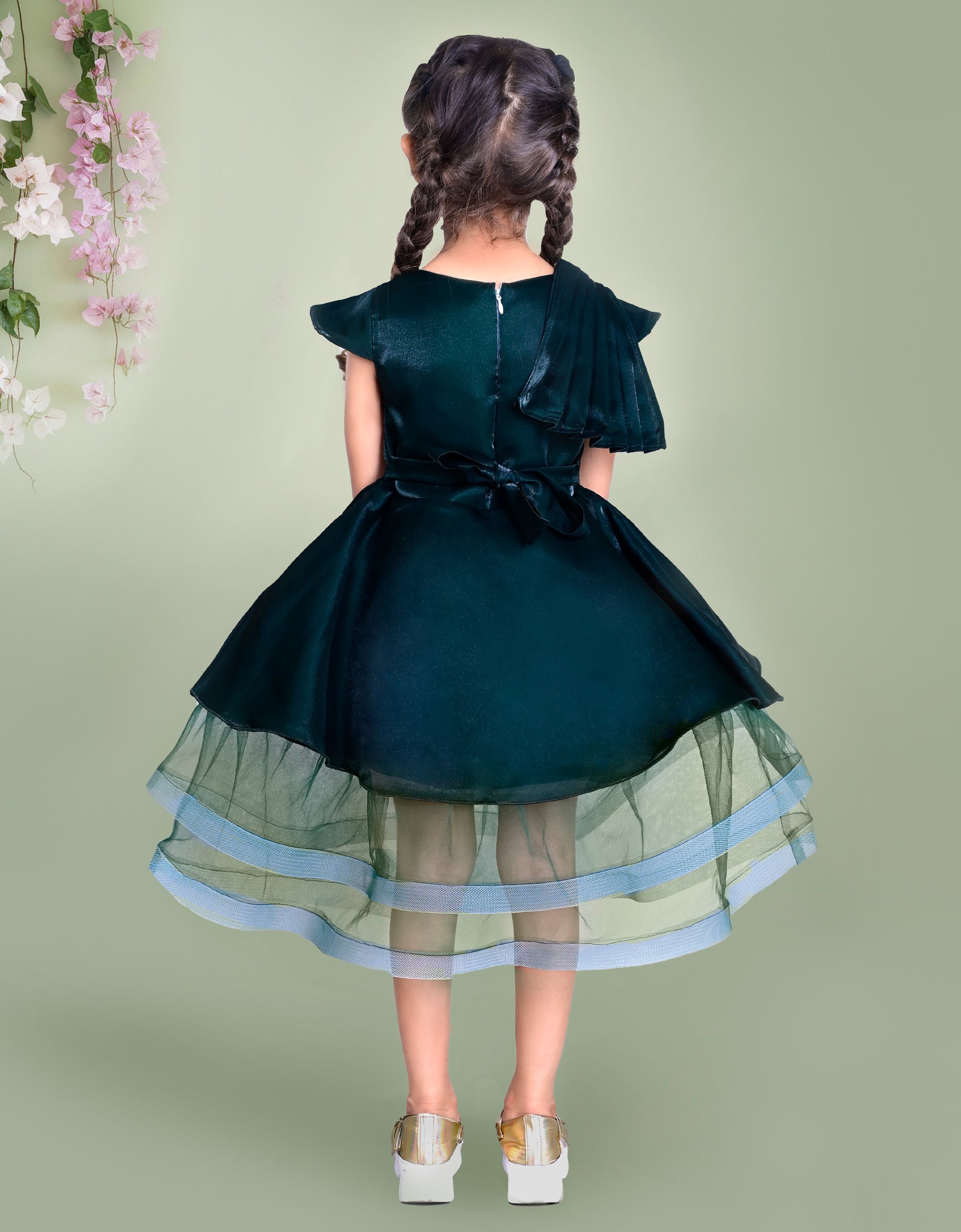 Dark Green Dress with Pleated Bodice and Layered Tulle Hem