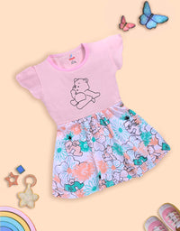 Charming Pink Frock with Teddy Bear and Floral Design
