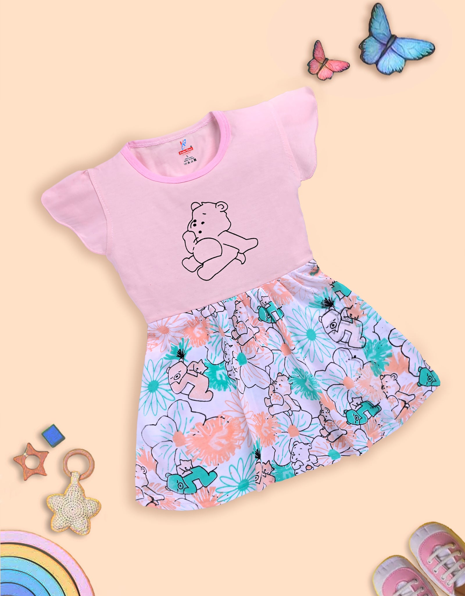 Charming Pink Frock with Teddy Bear and Floral Design