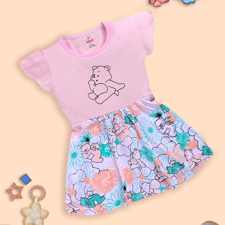 Charming Pink Frock with Teddy Bear and Floral Design