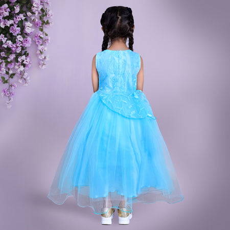 Blue Floral Embroidered Tulle Full Length Party Dress