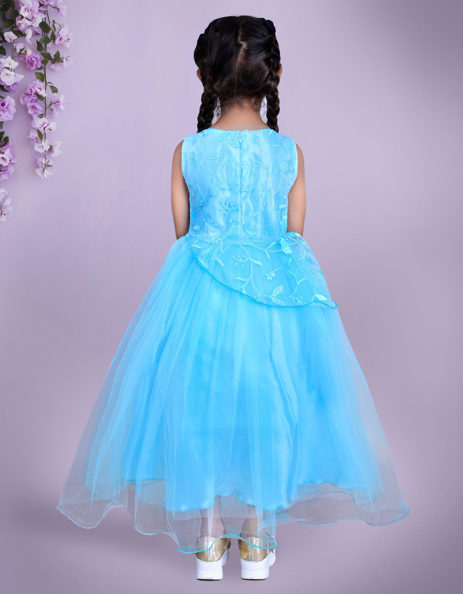 Blue Floral Embroidered Tulle Full Length Party Dress