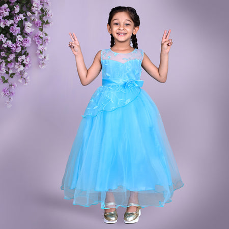 Blue Floral Embroidered Tulle Full Length Party Dress