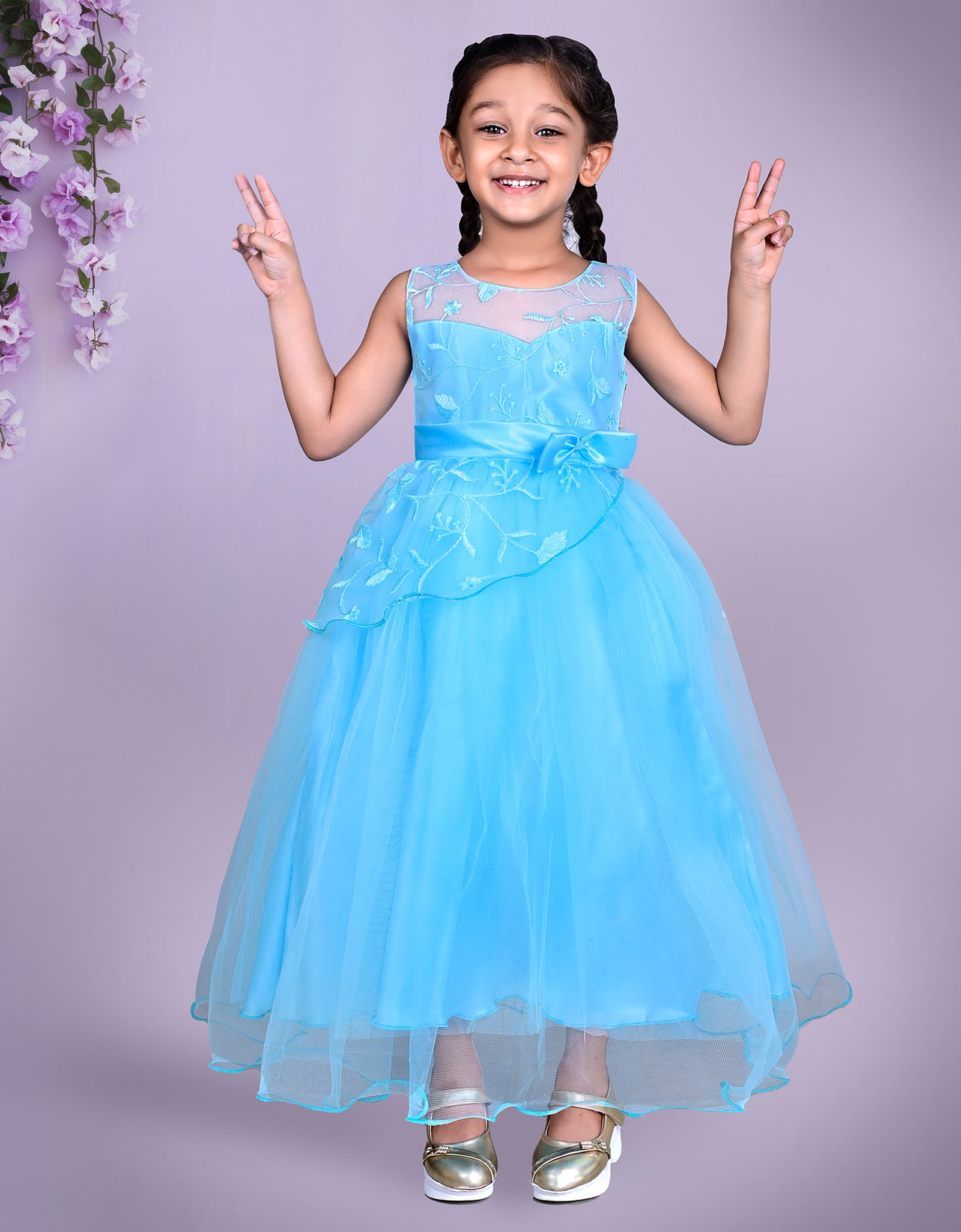 Blue Floral Embroidered Tulle Full Length Party Dress