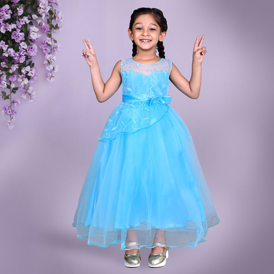 Blue Floral Embroidered Tulle Full Length Party Dress