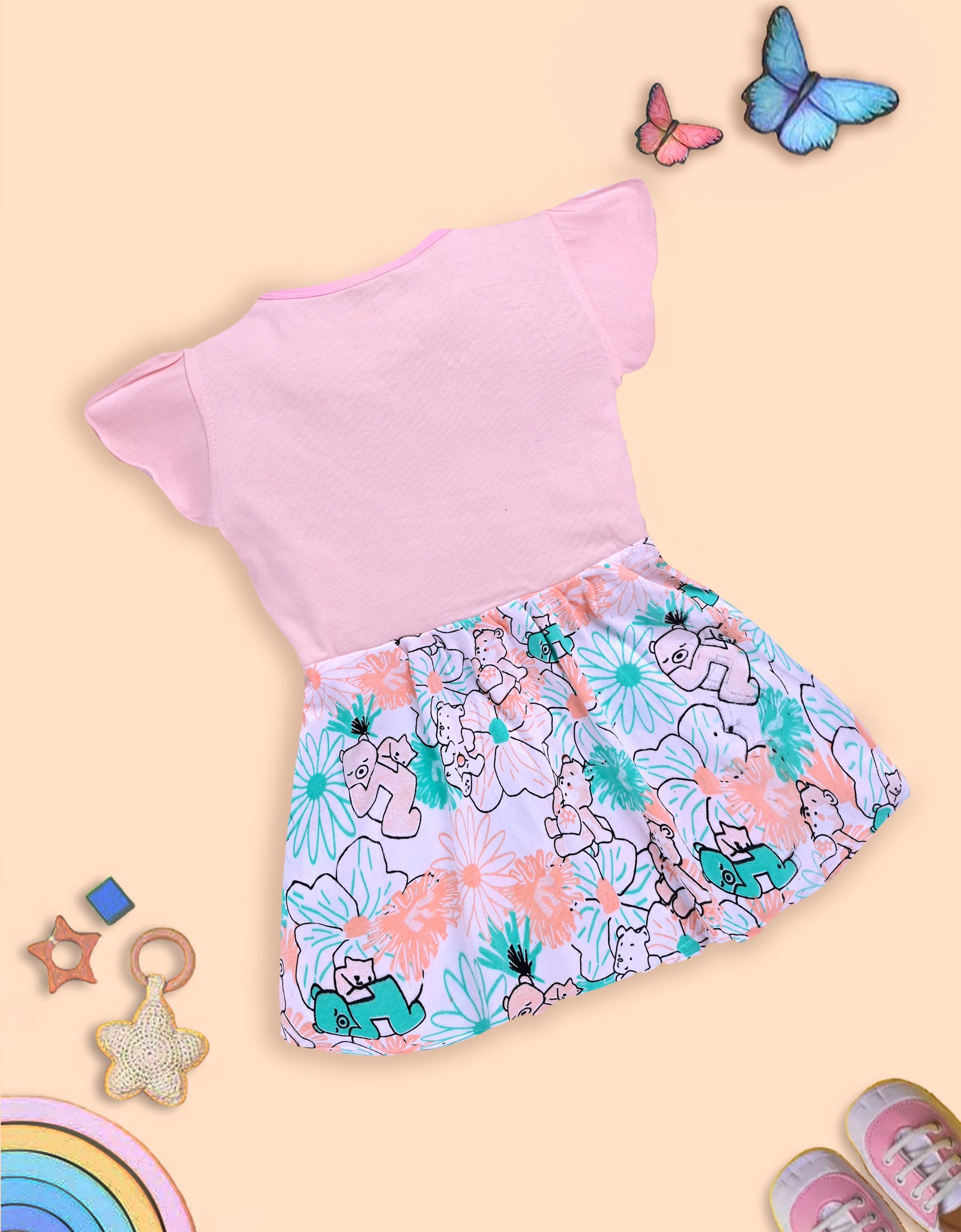 Charming Pink Frock with Teddy Bear and Floral Design