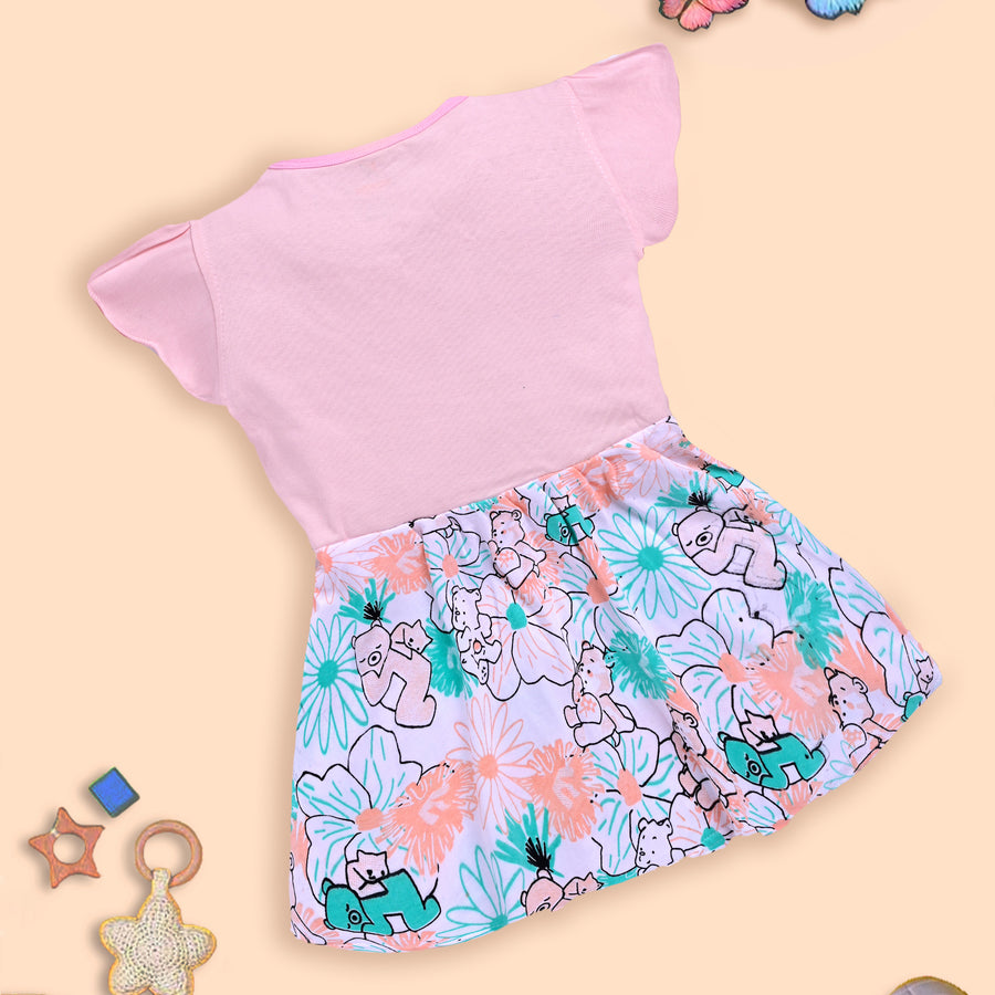 Charming Pink Frock with Teddy Bear and Floral Design