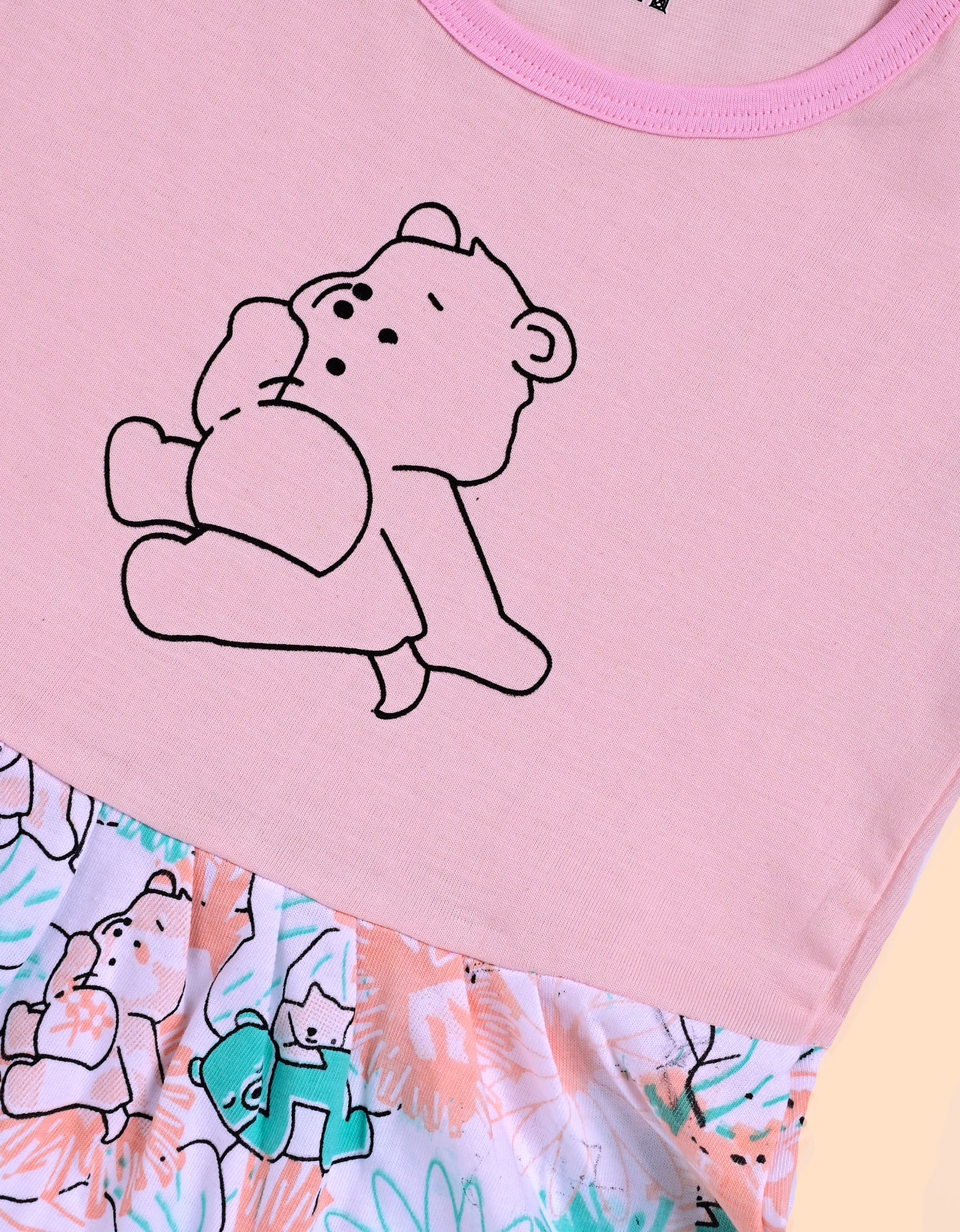 Charming Pink Frock with Teddy Bear and Floral Design