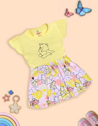 Charming Yellow Frock with Teddy Bear and Floral Design
