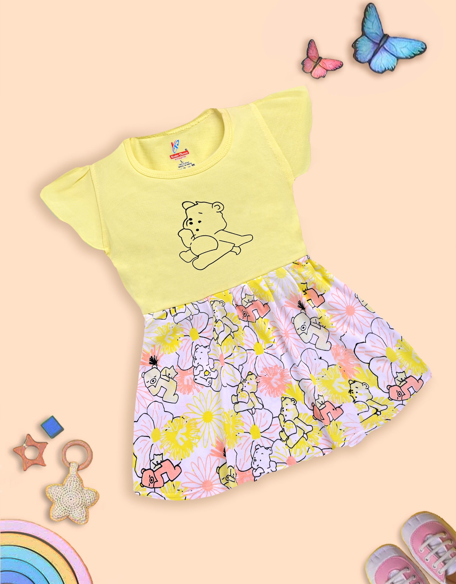Charming Yellow Frock with Teddy Bear and Floral Design