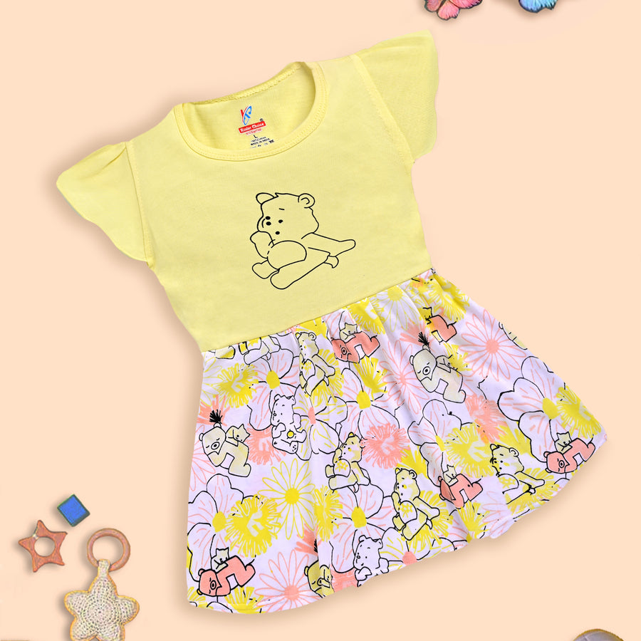 Charming Yellow Frock with Teddy Bear and Floral Design