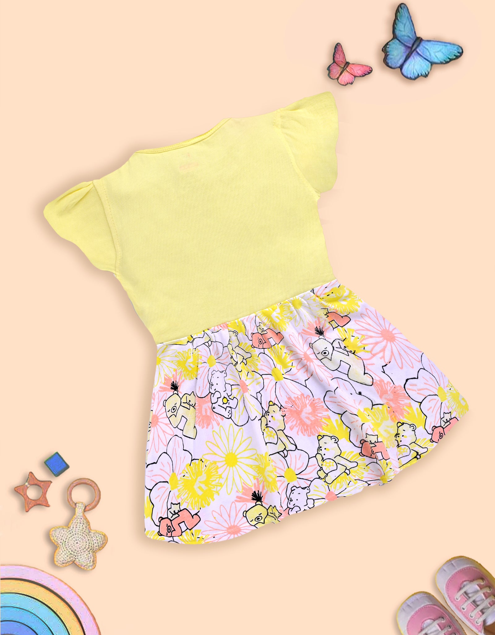 Charming Yellow Frock with Teddy Bear and Floral Design