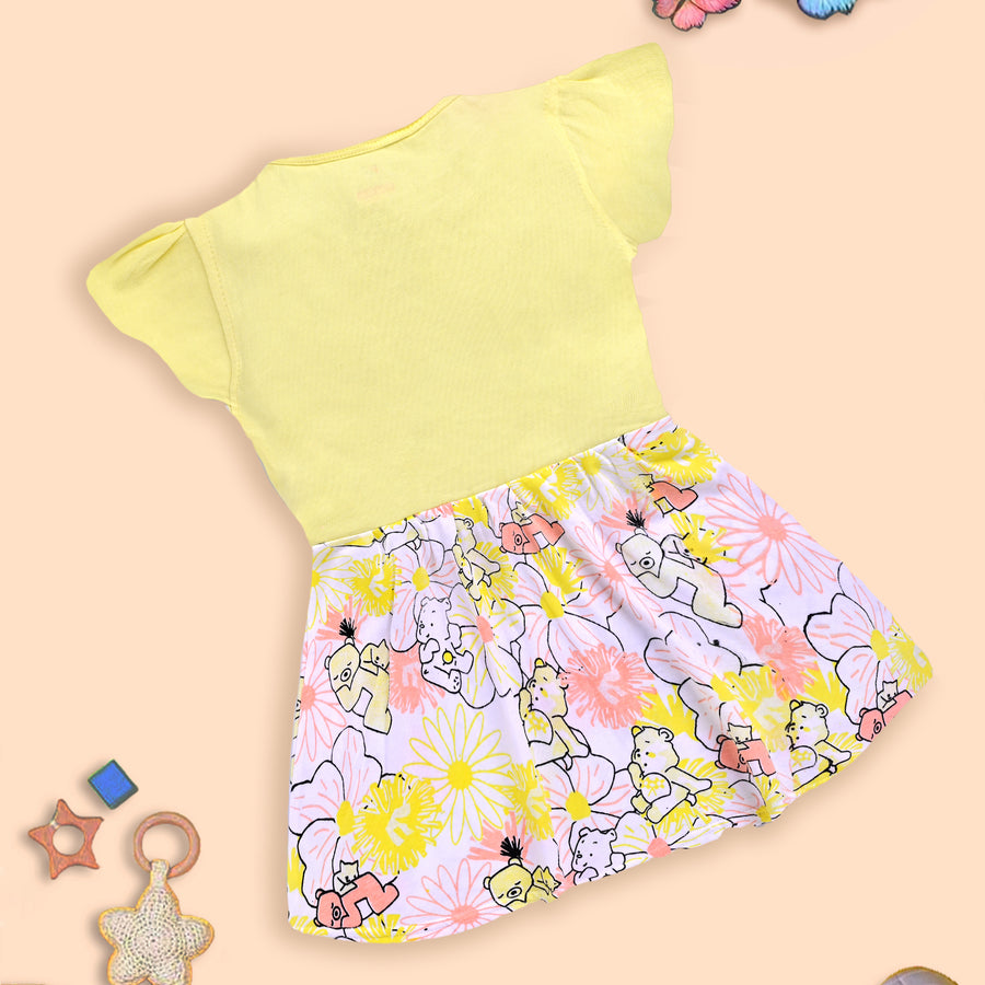 Charming Yellow Frock with Teddy Bear and Floral Design