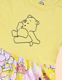 Charming Yellow Frock with Teddy Bear and Floral Design
