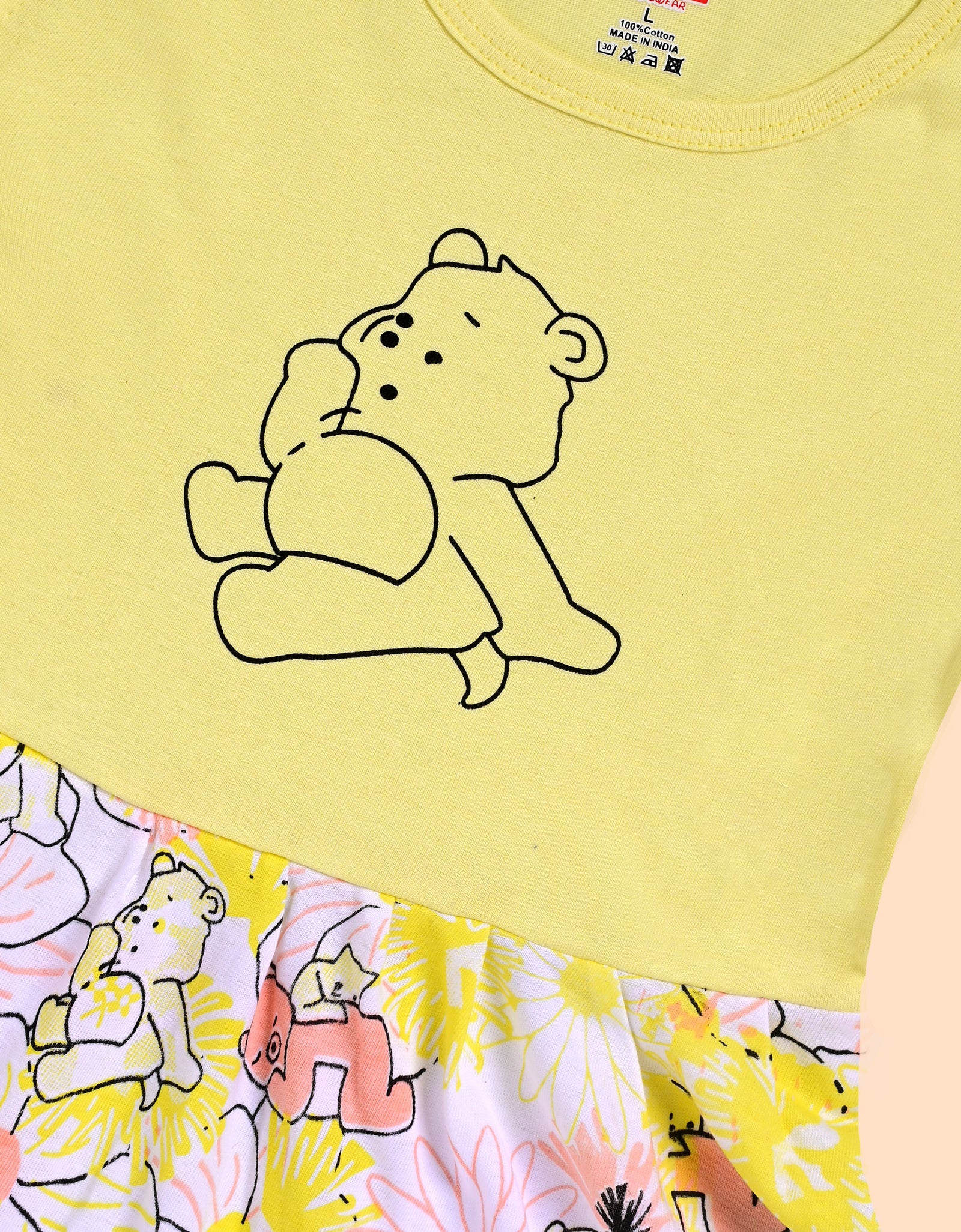 Charming Yellow Frock with Teddy Bear and Floral Design
