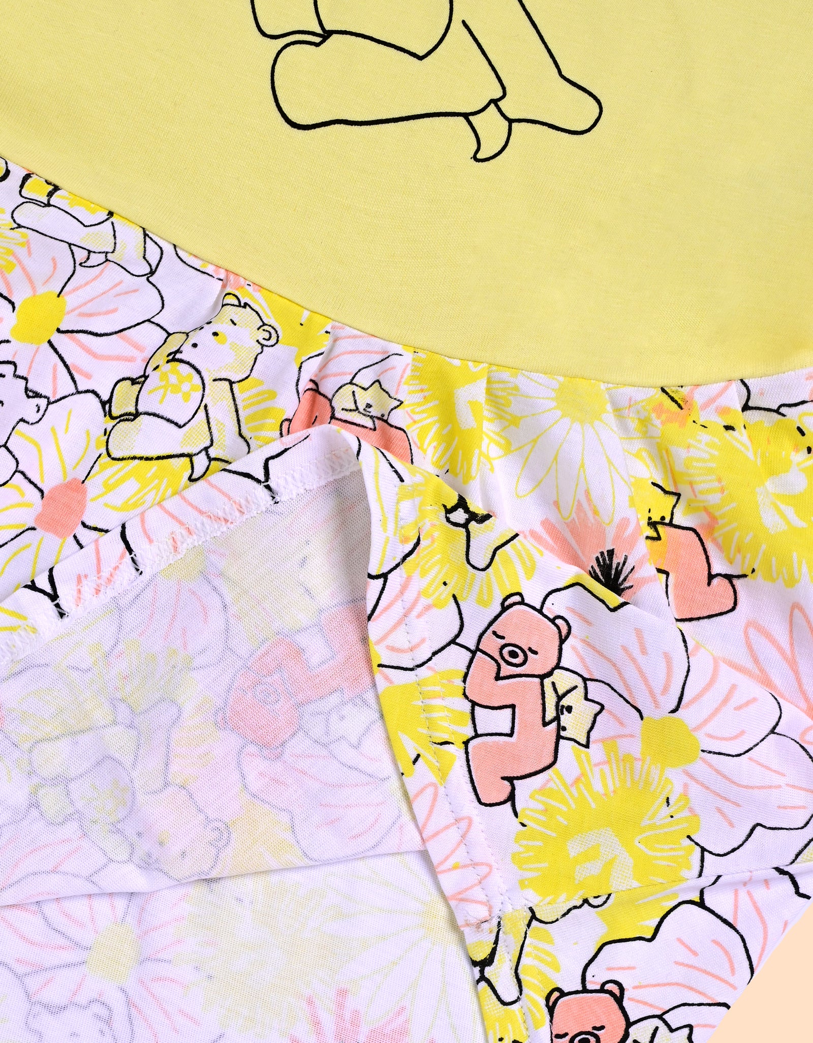 Charming Yellow Frock with Teddy Bear and Floral Design