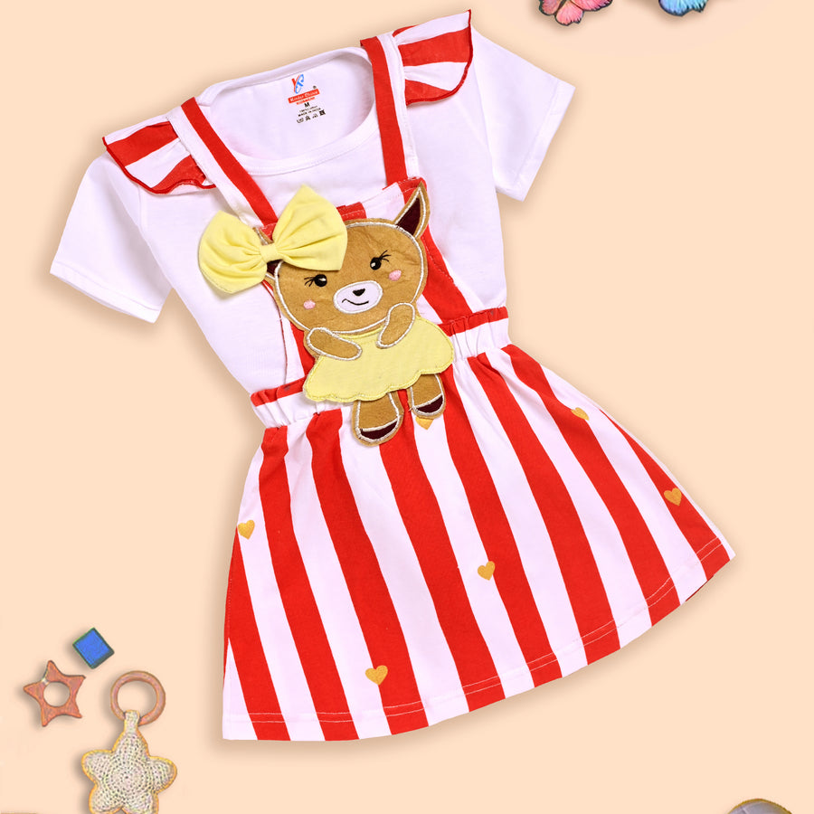Charming Red and White Striped Dress with Deer Design