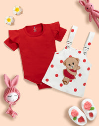 Baby Girl 100% Cotton Ruffle Trim Short-sleeve Romper and Bear Graphic Polka Dots Overall Dress Set Kinder Choice
