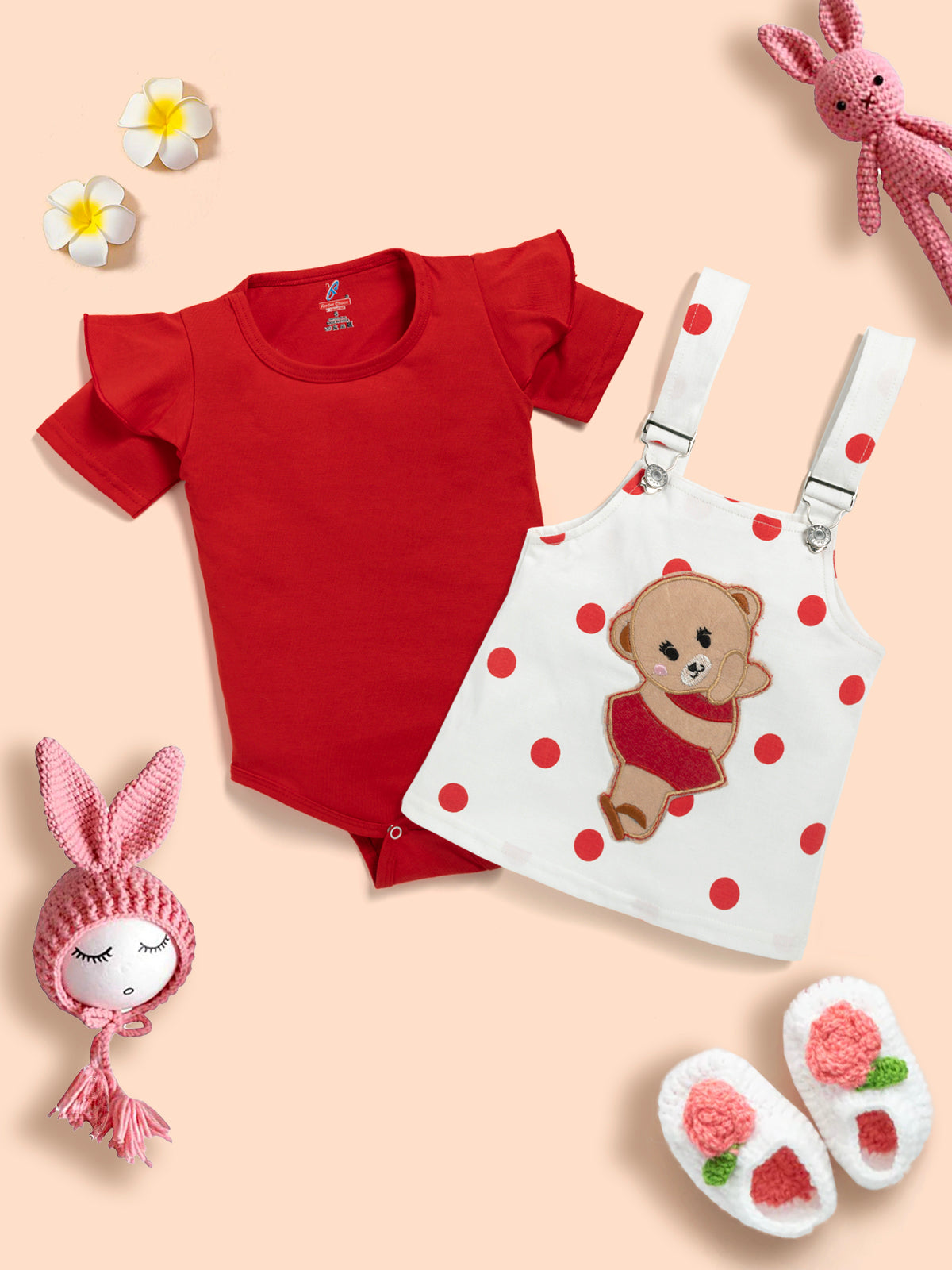 Baby Girl 100% Cotton Ruffle Trim Short-sleeve Romper and Bear Graphic Polka Dots Overall Dress Set Kinder Choice