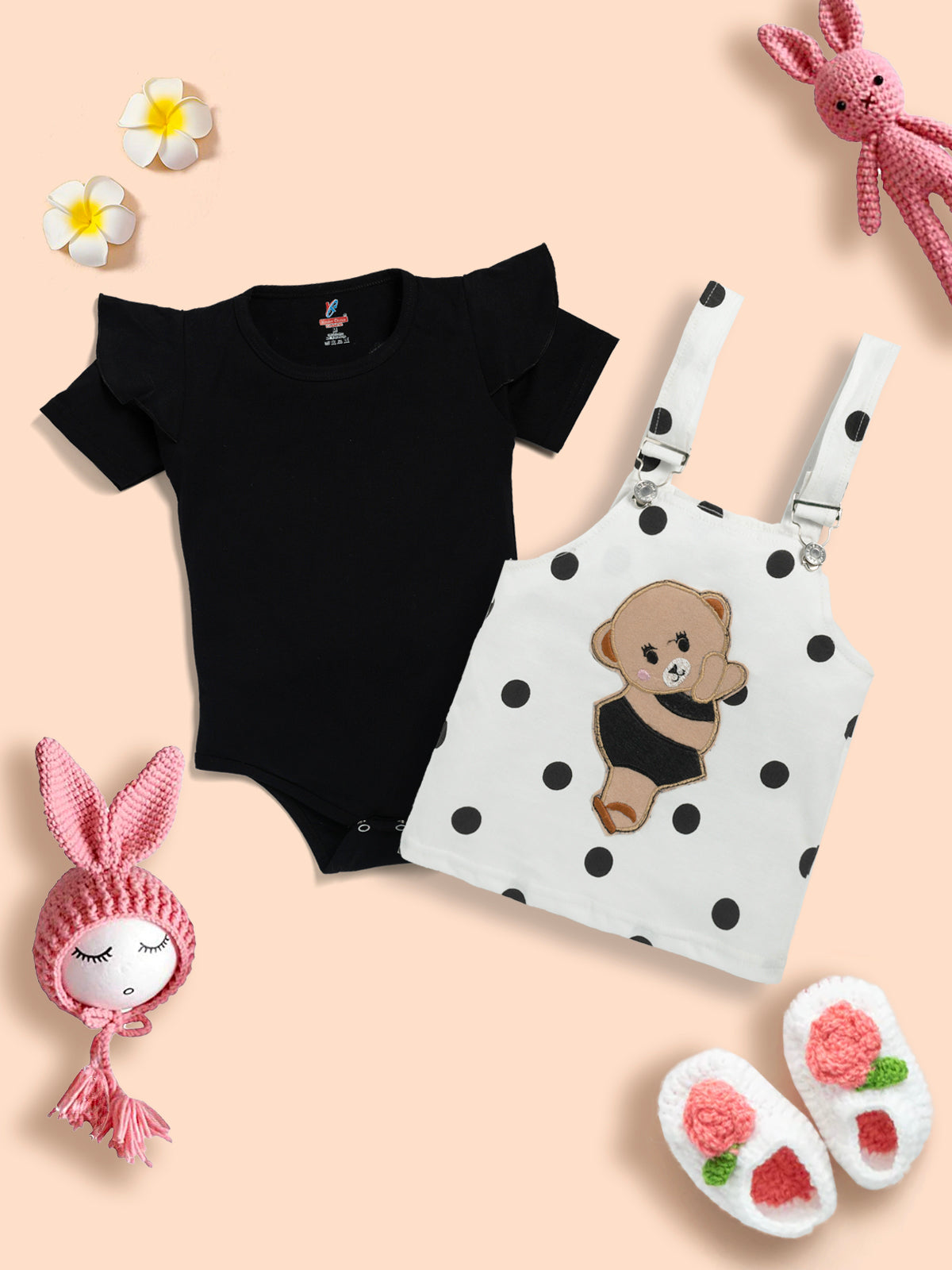 Baby Girl 100% Cotton Ruffle Trim Short-sleeve Romper and Bear Graphic Polka Dots Overall Dress Set  Kinder Choice