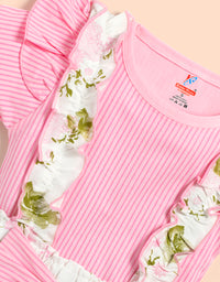 Baby Girl Solid Cotton Ribbed Ruffle Short-sleeve Romper and Floral Print Suspender Short Kinder Choice
