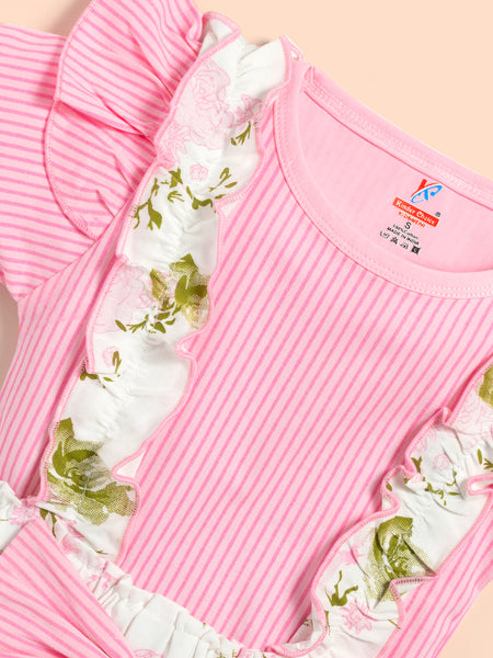 Baby Girl Solid Cotton Ribbed Ruffle Short-sleeve Romper and Floral Print Suspender Short Kinder Choice