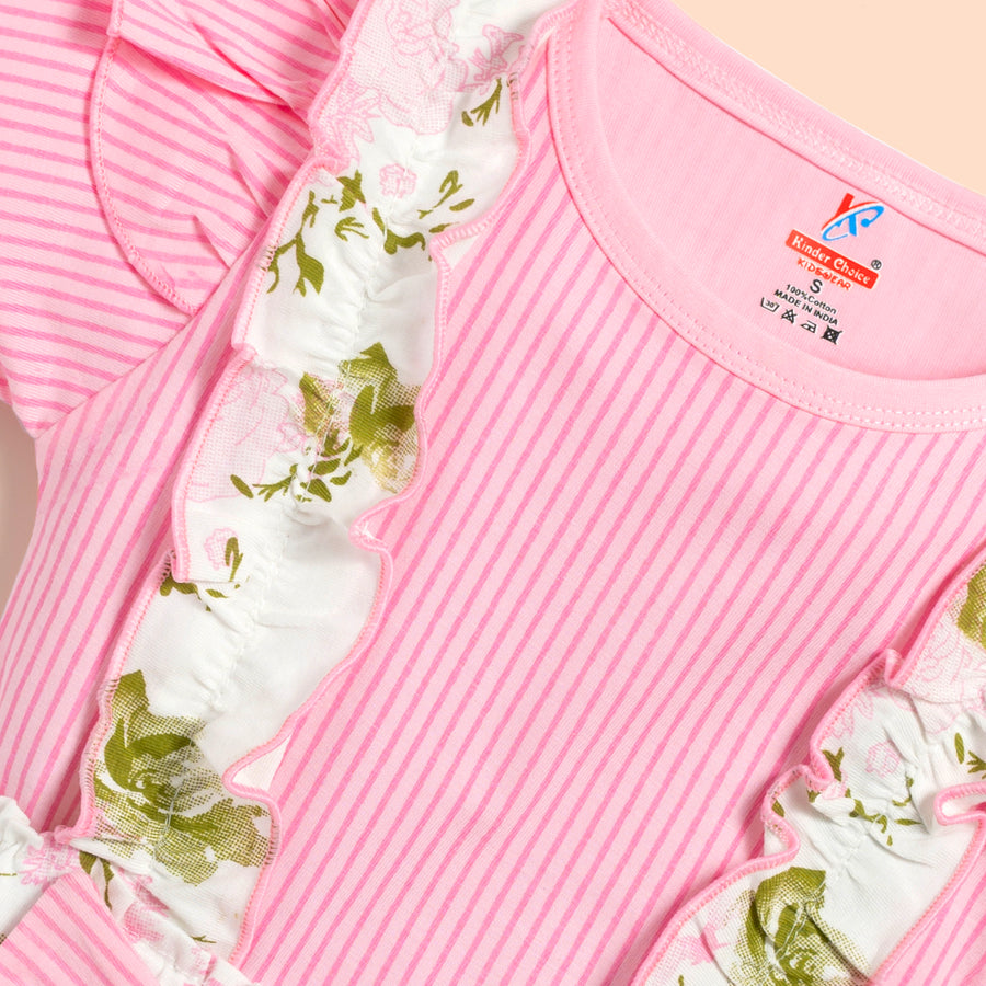 Baby Girl Solid Cotton Ribbed Ruffle Short-sleeve Romper and Floral Print Suspender Short Kinder Choice