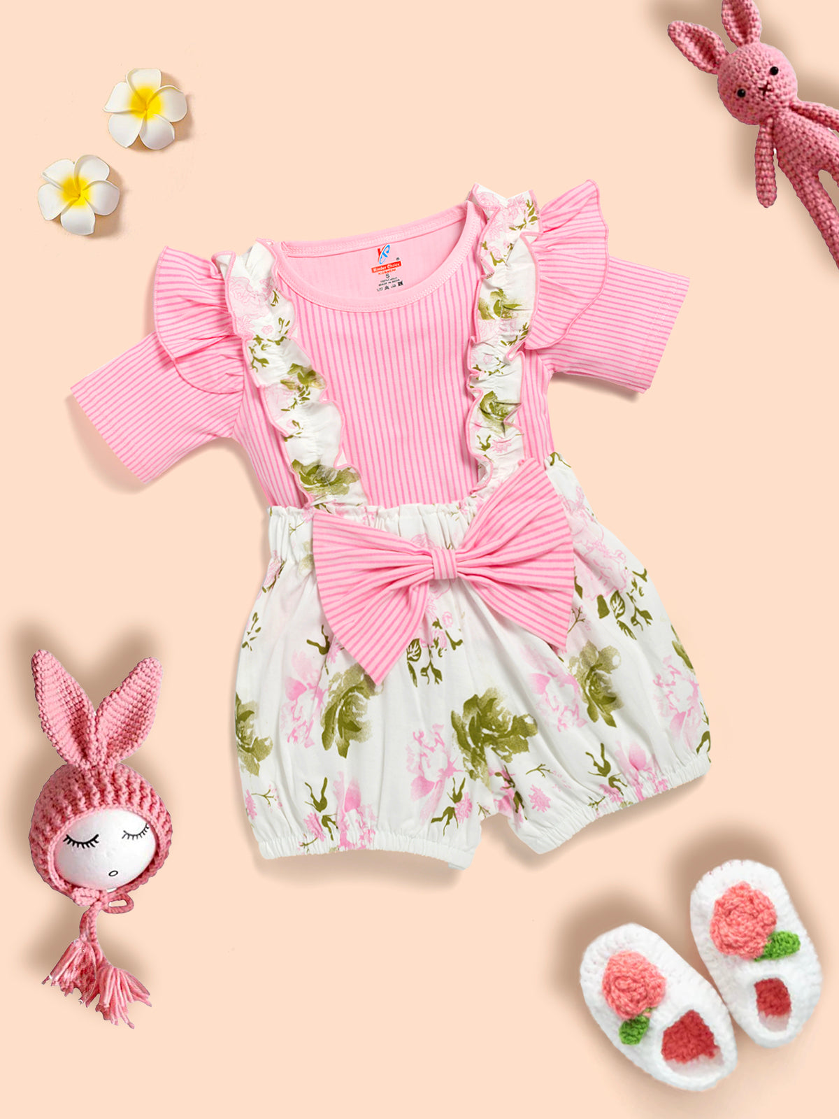 Baby Girl Solid Cotton Ribbed Ruffle Short-sleeve Romper and Floral Print Suspender Short Kinder Choice